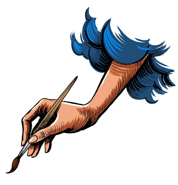 Mano Con Pennello Inchiostro Disegnato Mano Carta Colorato Mano Tablet — Foto Stock