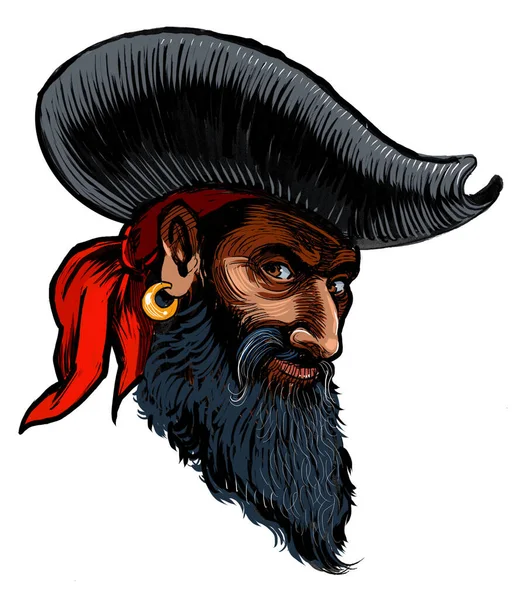 Hlava Pirátského Kapitána Ručně Kreslený Inkoust Papíře Ručně Barvený Tabletu — Stock fotografie