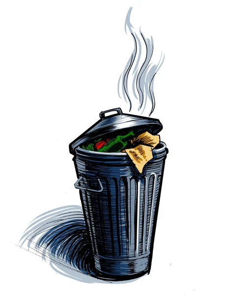 Stinky Trash Can Hand Drawn Ink Paper Hand Colored Tablet — Stock Photo, Image