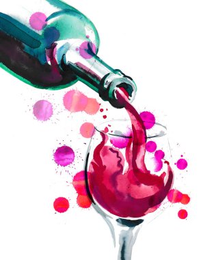 Bir şişe kırmızı şarap ve cam. El çizimi suluboya resim