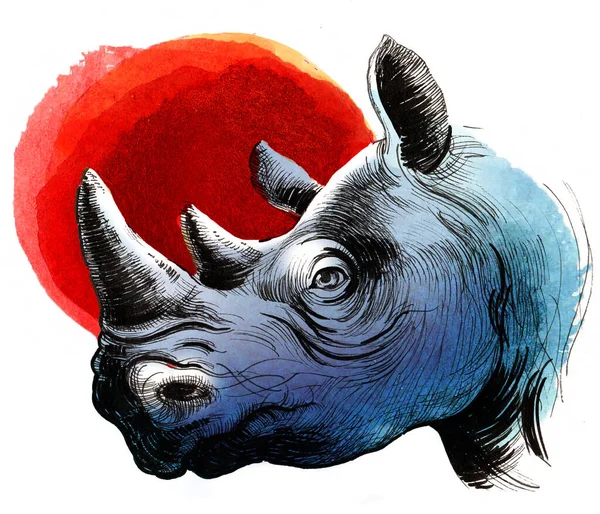 Blue Rhino Red Sun Hand Drawn Watercolor Painting — Stock Photo, Image
