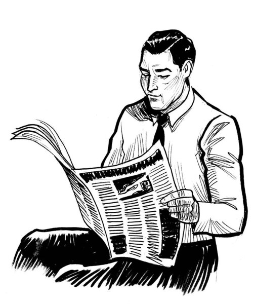 Man reading a newspaper. Hand-drawn retro styled ink black and white drawing