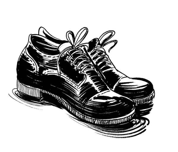 Par Zapatos Hombre Dibujo Blanco Negro Tinta Retro Dibujado Mano —  Fotos de Stock