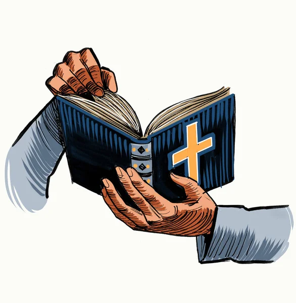 Prestens Hender Med Bibelen Retro Utformet Håndtegnet Blekk Papir Håndfarget – stockfoto