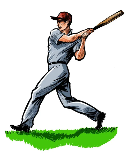 Baseballový Hráč Pálkou Retro Ručně Kreslené Inkoust Papíře Ručně Barvené — Stock fotografie