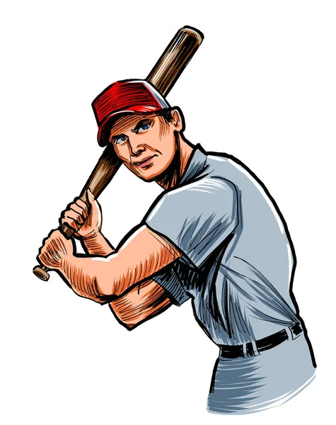 バットを持つ野球選手 レトロスタイリッシュな手描きのインク紙と手でタブレットに着色 — ストック写真