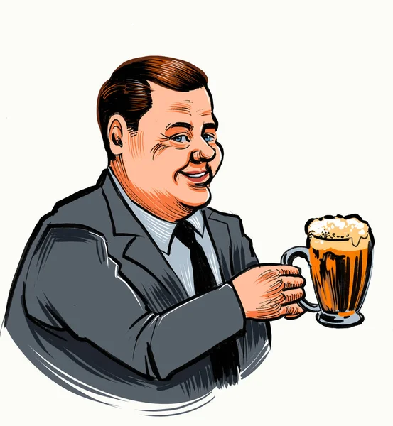 Szczęśliwy Człowiek Pijący Kubek Piwa Ręcznie Rysowany Tusz Stylu Retro — Zdjęcie stockowe