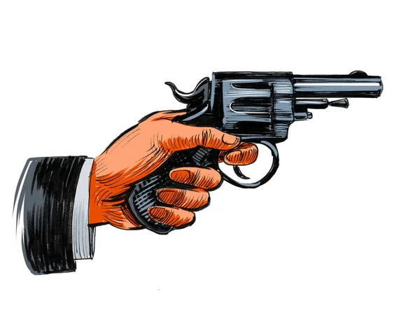 Hand holding revolver gun. Hand-drawn ink on paper and hand-colored on tablet