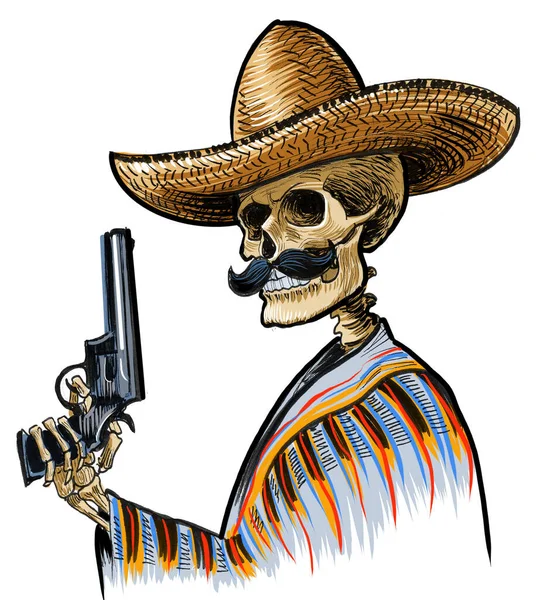 Dead Mexican Bandit Hand Drawn Ink Paper Hand Colored Tablet — Stock Photo, Image