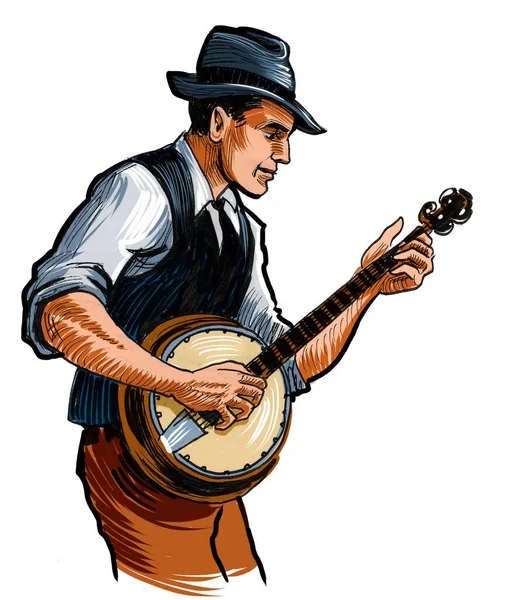 Músico Country Tocando Banjo Tinta Retro Dibujada Mano Papel Coloreada — Foto de Stock
