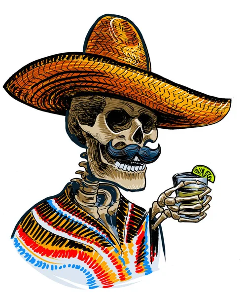 Dode Mexicaan Die Tequila Drinkt Handgetekende Inkt Papier Handgekleurd Tablet — Stockfoto