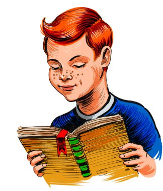 Kitap okuyan genç bir çocuk. Kağıda el çizimi mürekkep, tablete de el boyası.