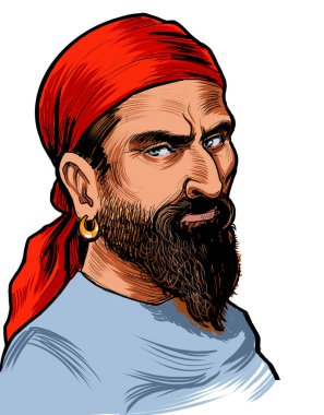 Kırmızı bandanalı bir korsan. Kağıda el çizimi mürekkep, tablete de el boyası.