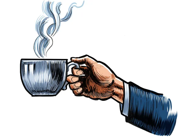 Hand with a big cup of tea. Hand-drawn ink on paper and hand-colored on tablet