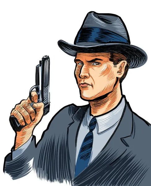 American gangster in vintage suit and hat holding a handgun. Hand-drawn ink on paper and hand-colored on tablet