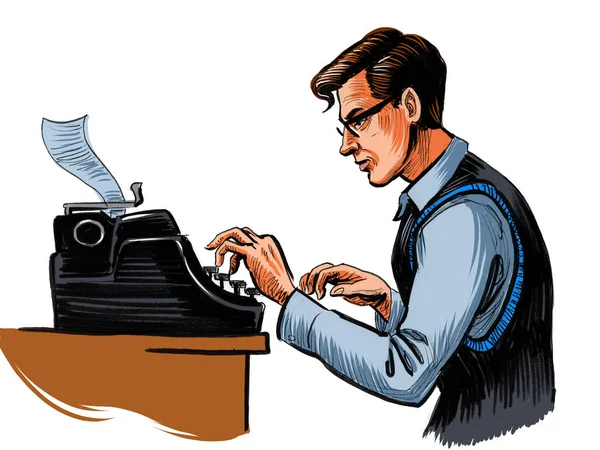 Writer typing on vintage typewriter. Hand-drawn ink on paper and hand-colored on tablet