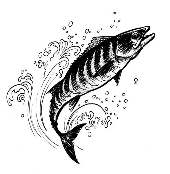 Jumping fish. Hand-drawn ink black and white drawing