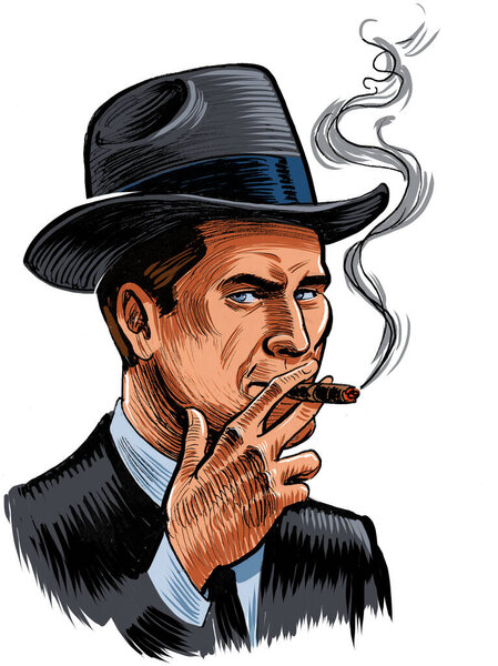Винтажный американский гангстер курит сигарету. Ручные чернила на бумаге и ручные цвета на планшете