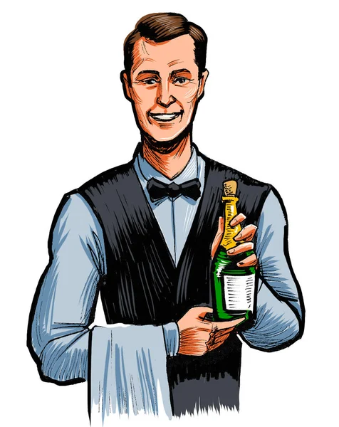 Waiter with a bottle of Champagne. Hand-drawn ink on paper and hand colored on tablet
