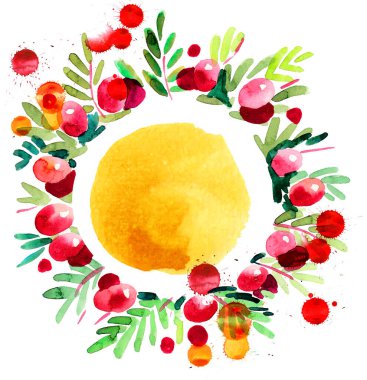 Kızılcık çelengi. El yapımı mürekkep ve suluboya çizim.