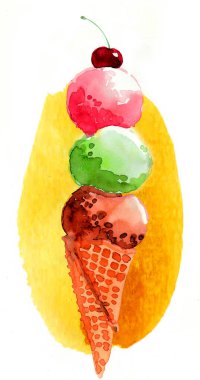 Üstünde kiraz olan dondurma külahı. El yapımı mürekkep ve suluboya çizim.