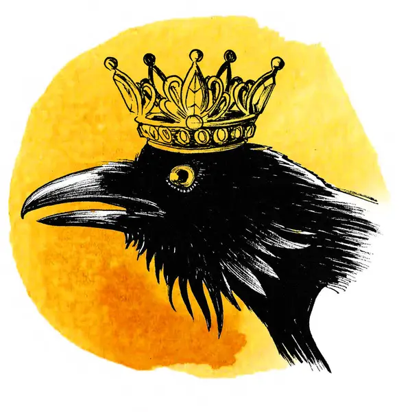 Crow bird in the crown. Hand-drawn ink and watercolor sketch