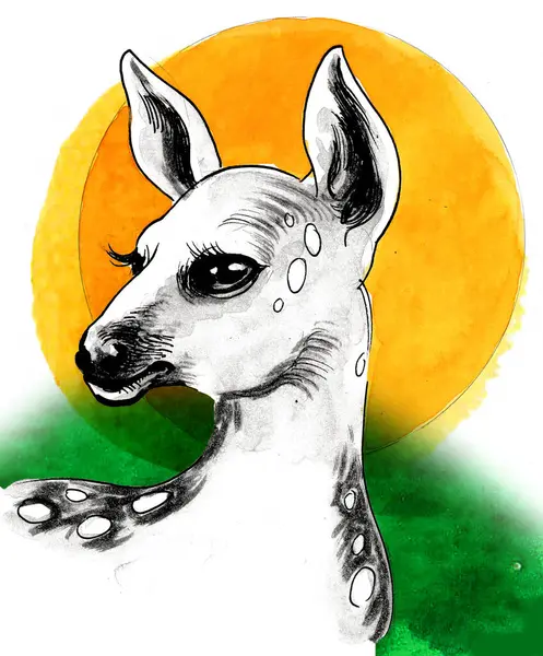 Baby deer head. Hand-drawn ink and watercolor sketch