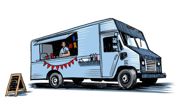American food truck. Hand-drawn ink on paper and hand-colored on tablet