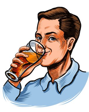 Yakışıklı adam bir bardak bira içiyor. El çizimi illüstrasyon