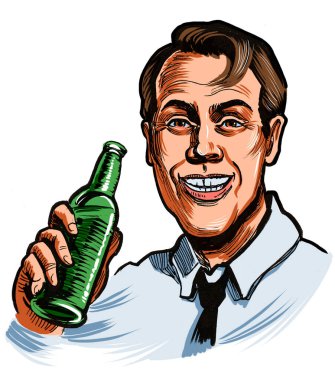 Bir şişe bira içen mutlu bir adamın el çizimi.