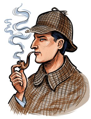 Hayali Sherlock Holmes karakteri. Kağıda el çizimi mürekkep, tablete de el boyası.