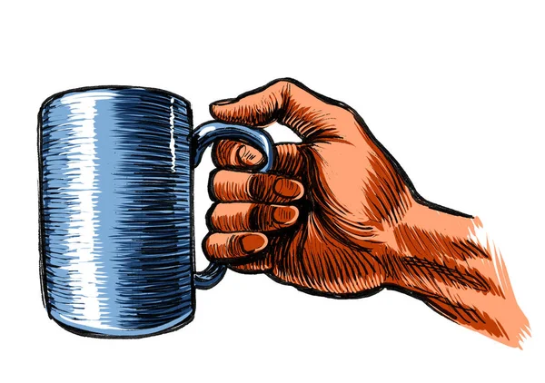 Hand holding a mug. Hand-drawn ink on paper and hand colored on tablet