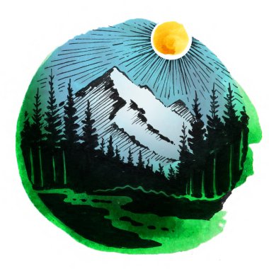 Dağ tepesi ve orman. El çizimi illüstrasyon