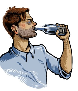 Bira içen alkolik bir adam. El çizimi illüstrasyon