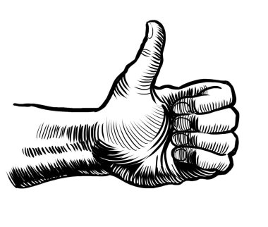 Elin büyük baş parmağını gösteriyor. Elle çizilmiş siyah ve beyaz çizimler