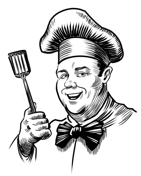 Šťastný Kuchař Černobílá Kresba Ručně Kreslená — Stock fotografie