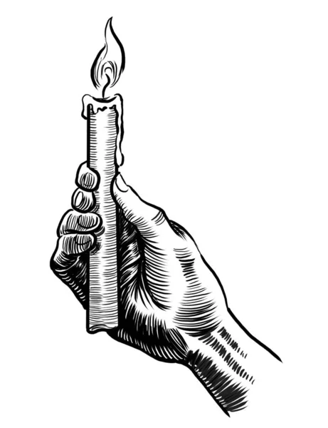 Ręka Płonącą Świecą Rysunek Czerni Bieli Narysowany Ręcznie — Zdjęcie stockowe