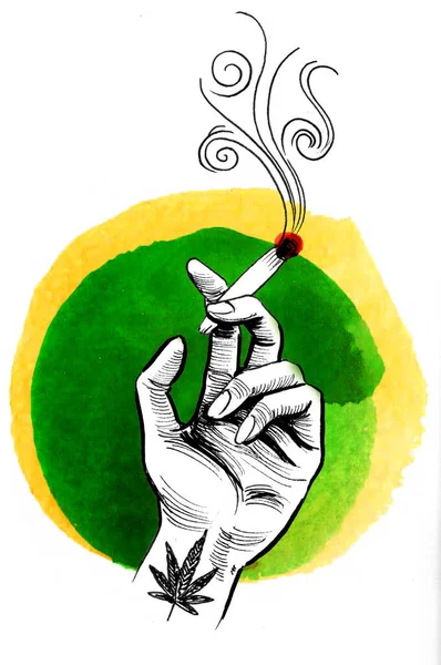 Kéz Füstölgő Marihuánával Kézzel Rajzolt Tinta Akvarell Vázlat — Stock Fotó