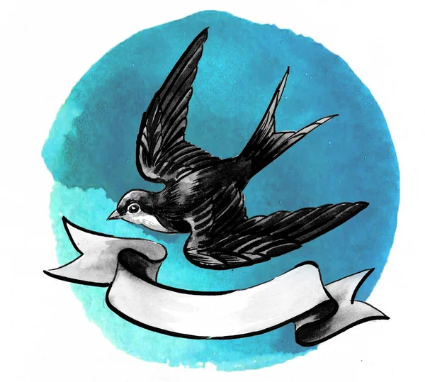 Uçan Kırlangıç Kuşu Yapımı Mürekkep Suluboya Çizim — Stok fotoğraf