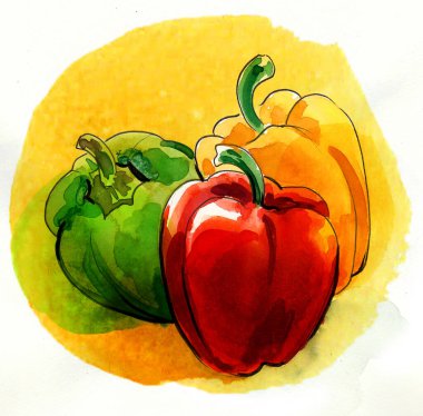 Bir demet tatlı biber. El yapımı mürekkep ve suluboya çizim.
