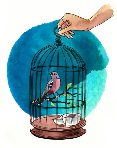 Hand Holding Cage Bird Hand Drawn Ink Watercolor Sketch — Stock Photo, Image