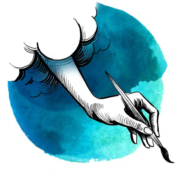 Hand with brush. Hand-drawn ink and watercolor sketch