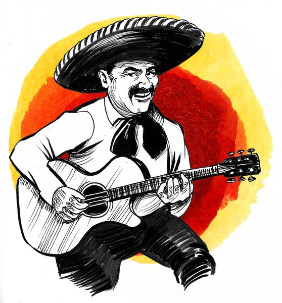 Mexikansk Musiker Handritat Bläck Och Akvarell Skiss — Stockfoto