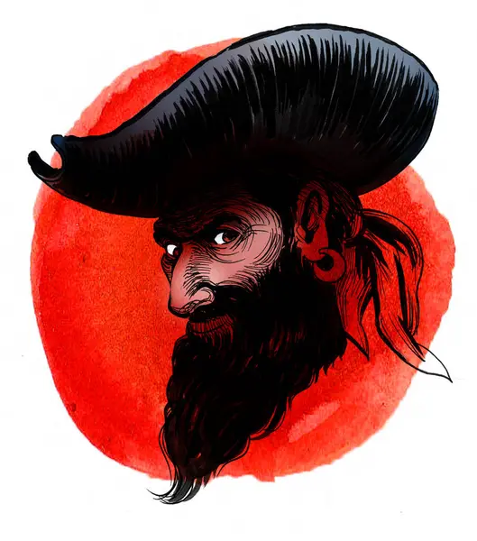 Kapitán Pirátů Ručně Kreslená Kresba Inkoustem Akvarelem — Stock fotografie