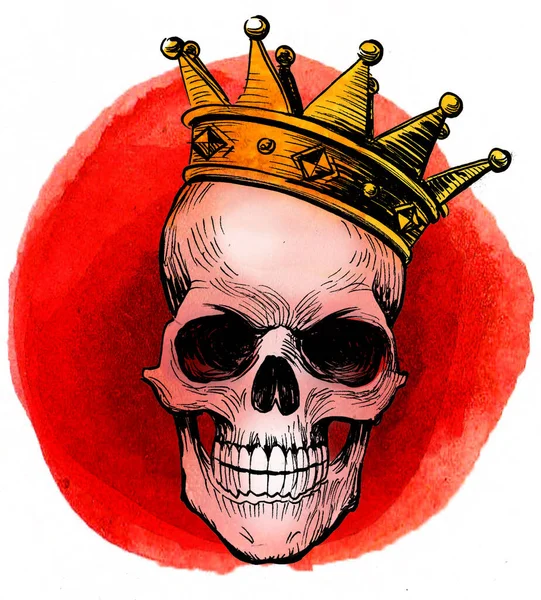 黄金の王冠にいる人間の頭蓋骨 手描きのインクと水彩のスケッチ — ストック写真