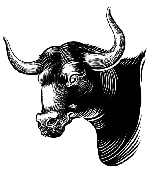 Černá Býčí Hlava Ručně Kreslená Černobílá Ilustrace — Stock fotografie