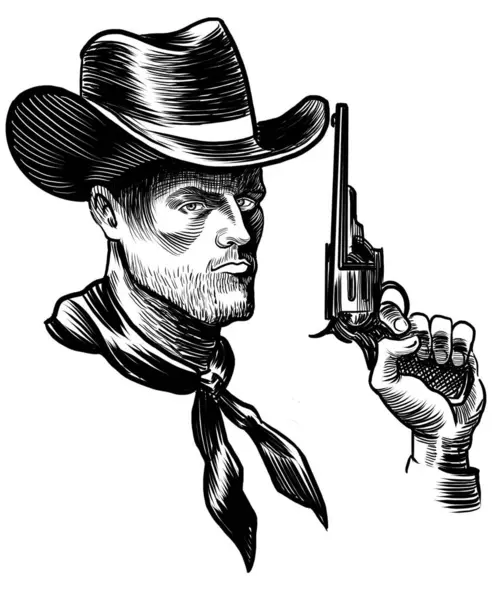 牛仔带着左轮手枪手绘黑白插图 — 图库照片
