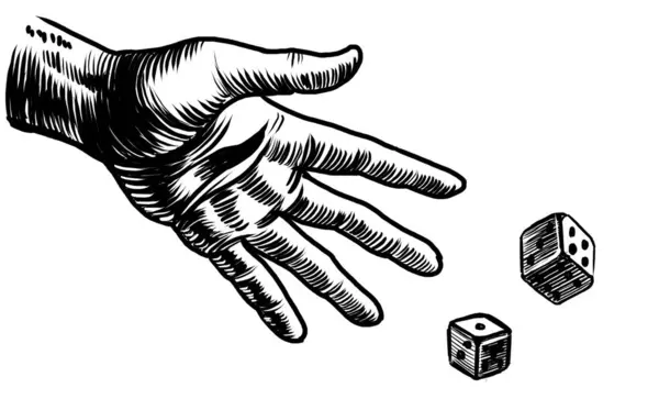 Hand Throwing Dice Hand Drawn Black White Illustration — Stock Photo, Image