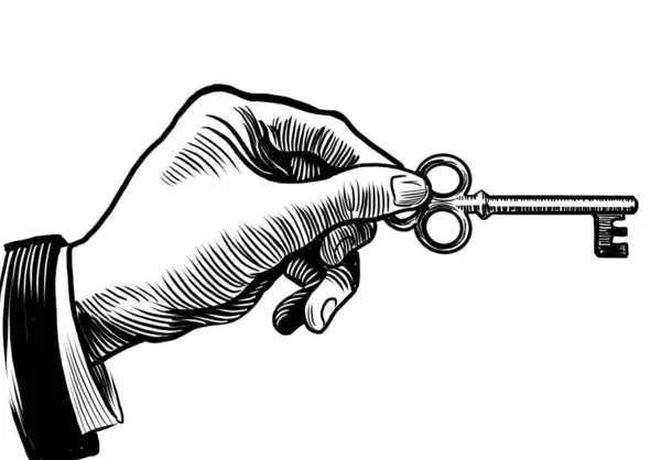 Mão Com Chave Ilustração Preto Branco Desenhada Mão — Fotografia de Stock