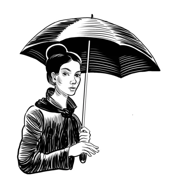 Pretty Woman Umbrella Hand Drawn Black White Illustration — Stock Photo, Image